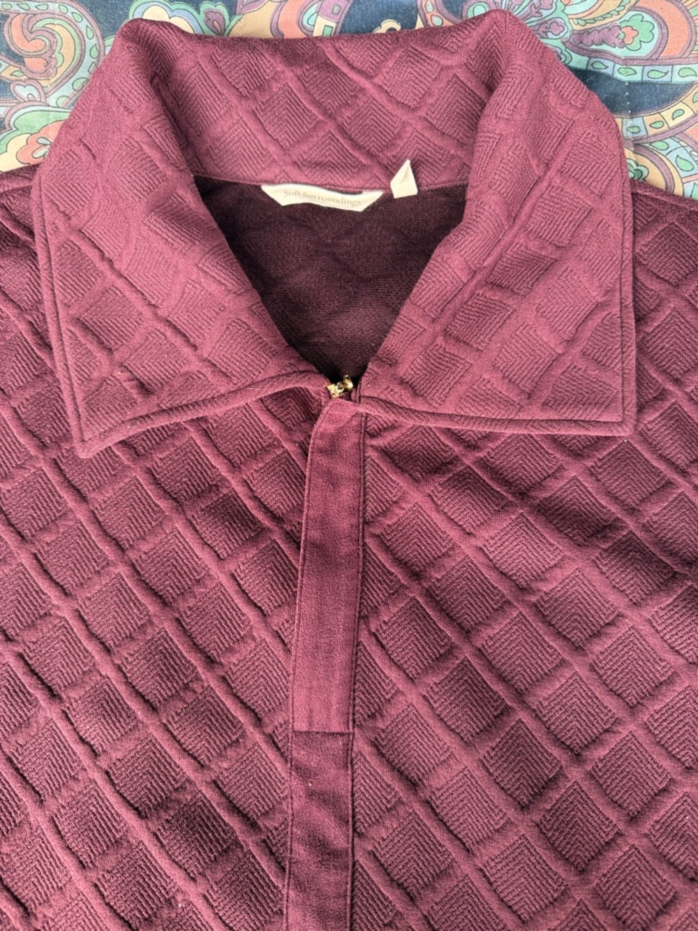 Soft Surroundings Quilted Diamond-Pattern Pullover Shirt — Plum